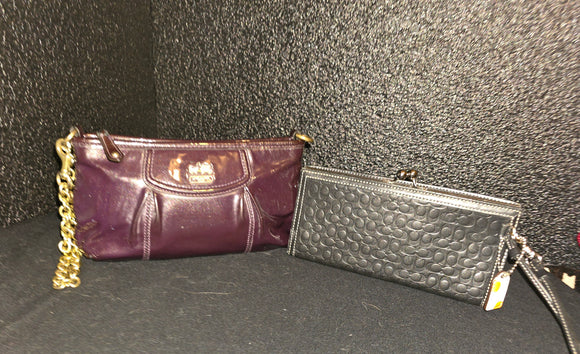 Deal of the Day BOGO Coach Vintage  Embossed Black Kisslock Wristlet Wallet and Purple Patent Wristlet with Dog Clip Chainstrap