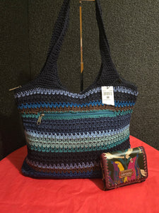 The Sak Vintage  Crochet Shoulderbag Satchel Hobo with Bird Peace Wallet MINT