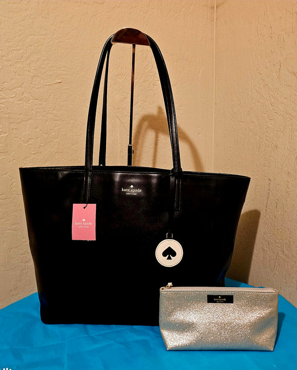 Kate Spade Classic Smooth Black Tote Satchel Handbag with Sparkly Accessory