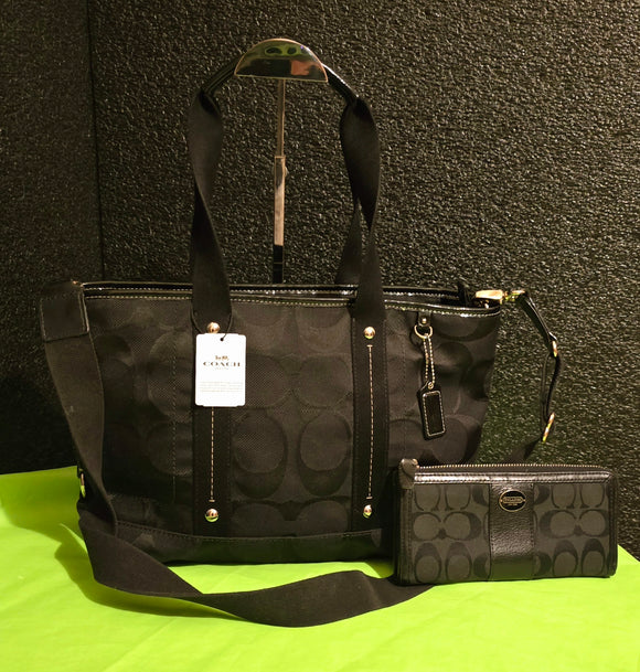 Coach Vtg Black Ht Pink Signature Nylon Packable Tote Shoulderbag with BONUS Wallet