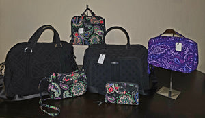 Vera Bradley Black Travel 5-Set: Overnight Weekender, Large Tote, New Toiletries, with Crossbody and BONUS